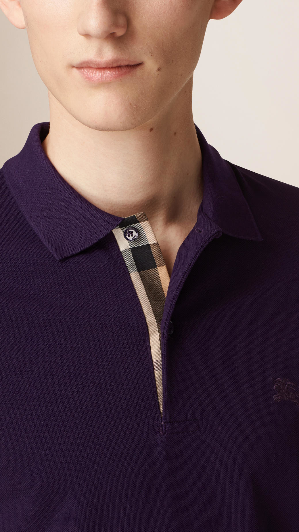 Burberry Check-Detail Cotton Polo Shirt in Purple for Men | Lyst