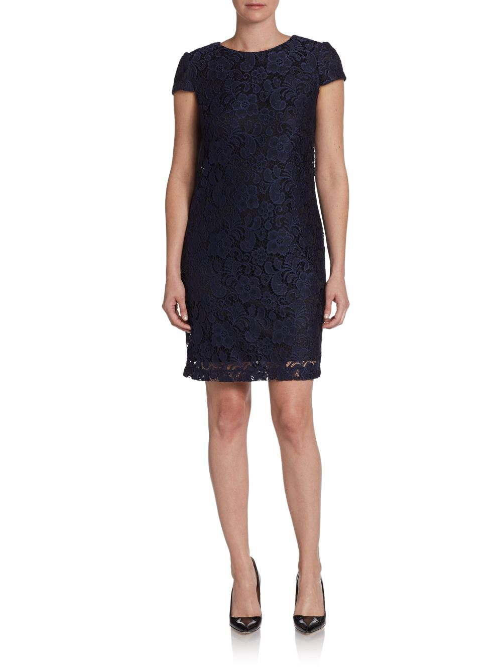 Saks fifth avenue black label Cap Sleeve Lace Shift Dress in Blue (navy ...