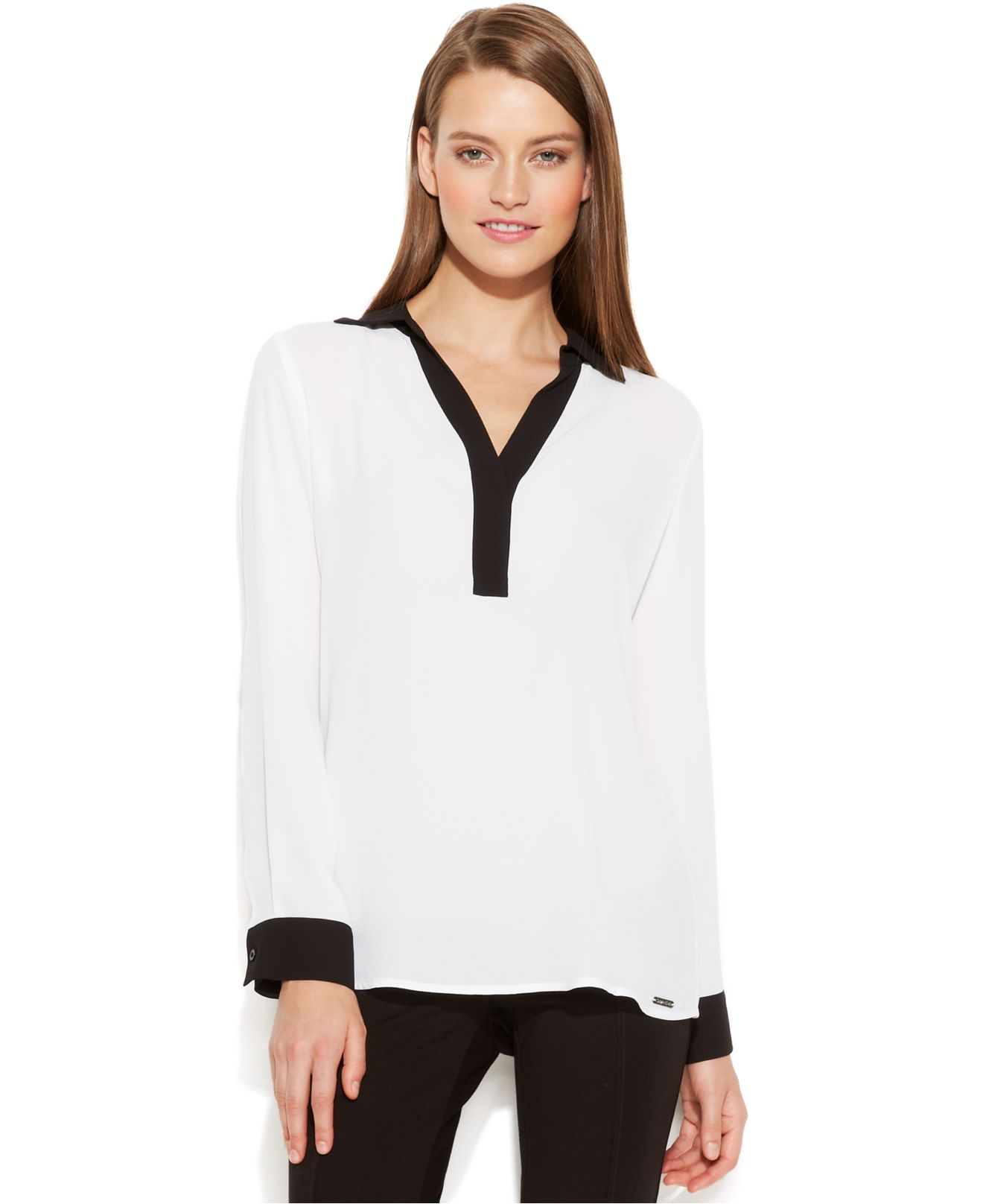 Calvin Klein Long-Sleeve Contrast-Trim Blouse in White | Lyst