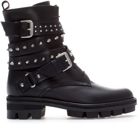 Zara Flat Leather Biker Ankle Boot in Black | Lyst