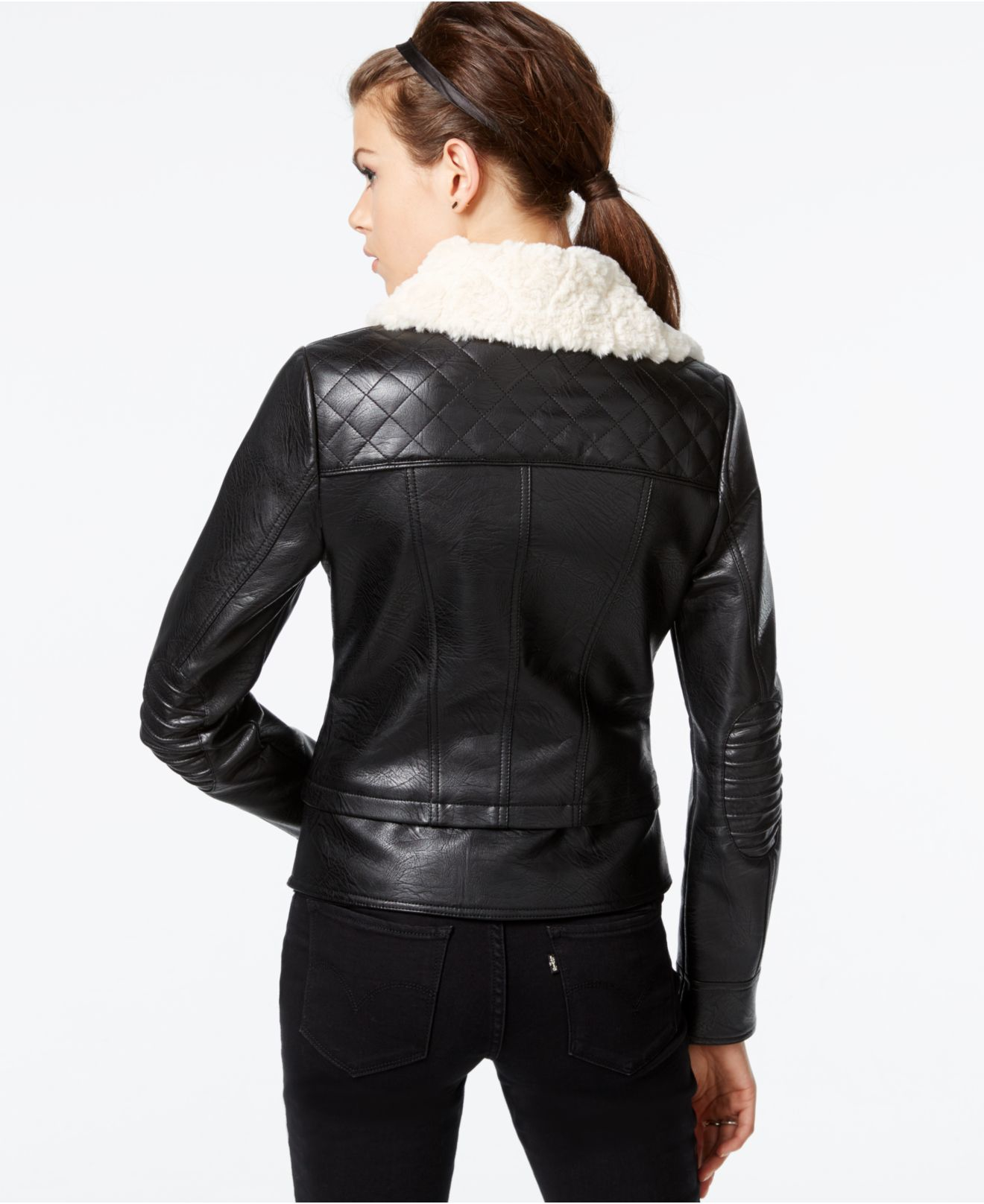 Guess Faux-fur-collar Faux-leather Jacket in Black - Lyst