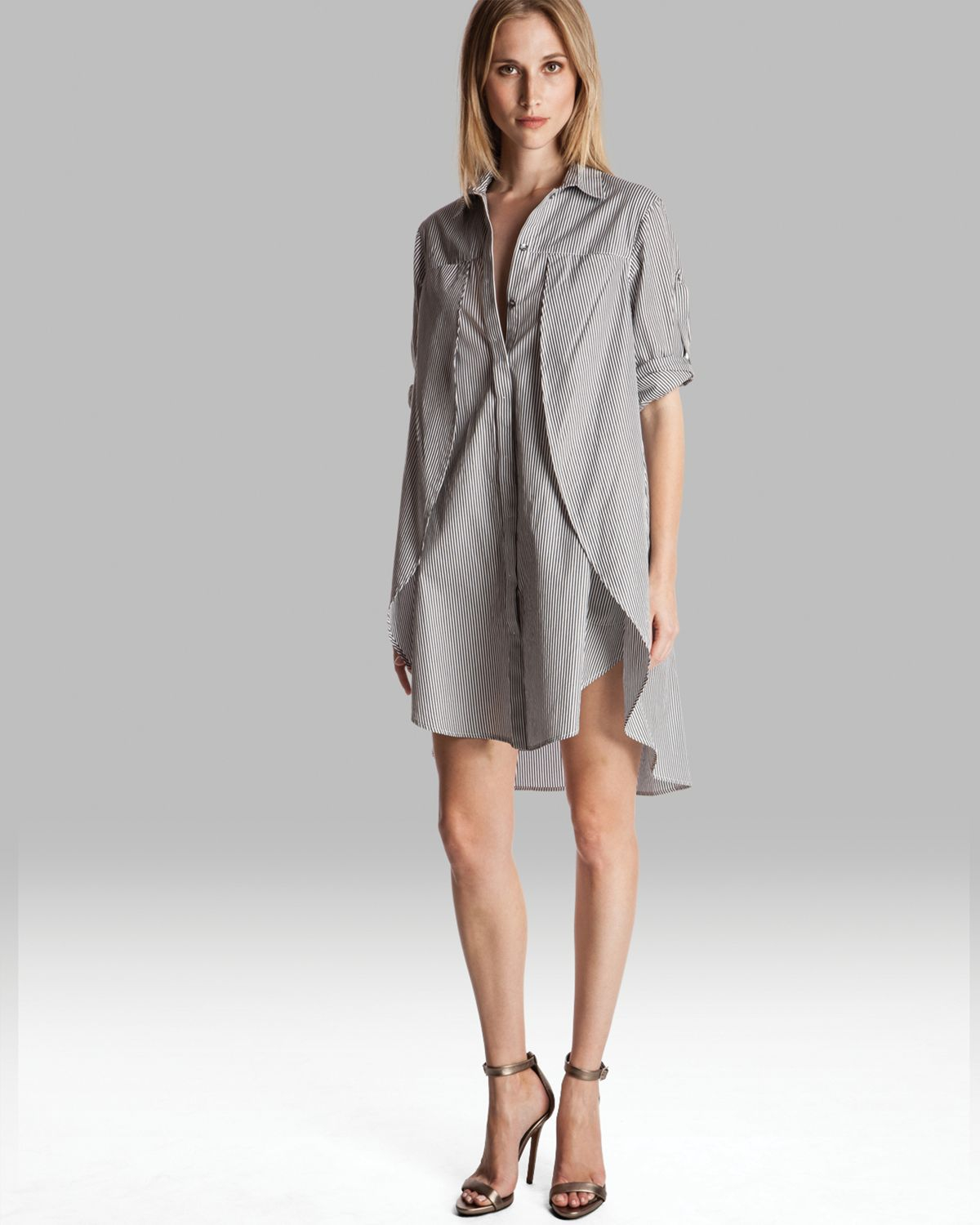 Lyst Halston Shirt Dress Belted With Overlay Detail In Gray Gallery