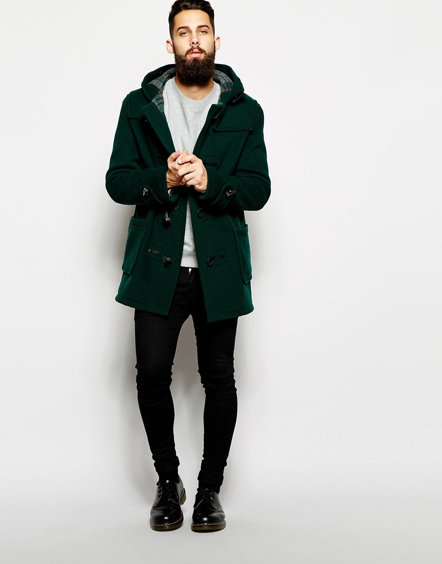Gloverall Duffle Coat With Check Hood in Green for Men | Lyst