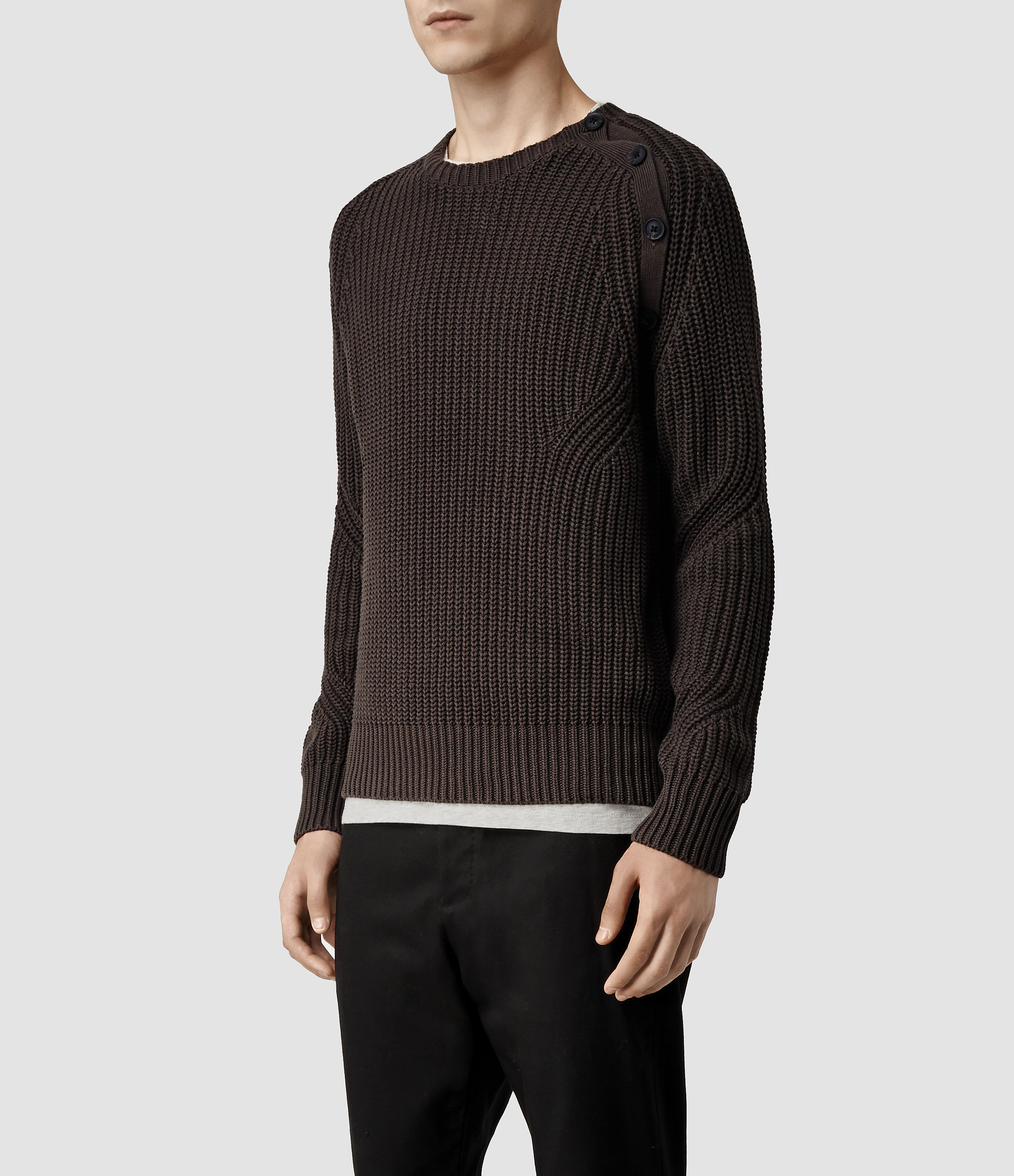 AllSaints Moat Buttoned Crew Sweater in Khaki (Gray) for Men - Lyst