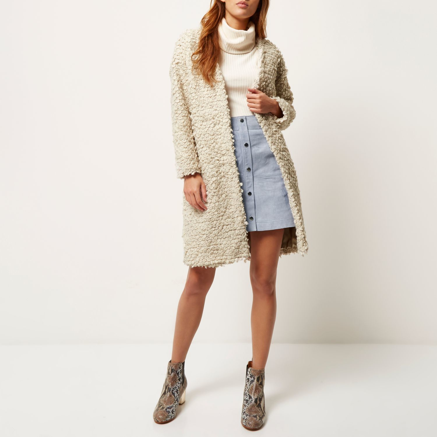cream collarless coat