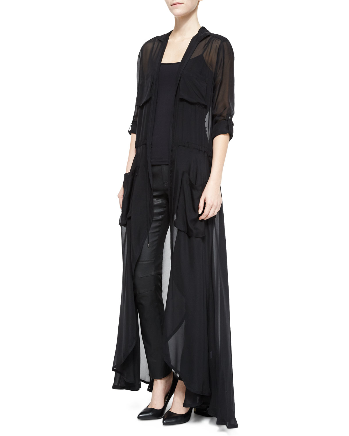black chiffon duster coat