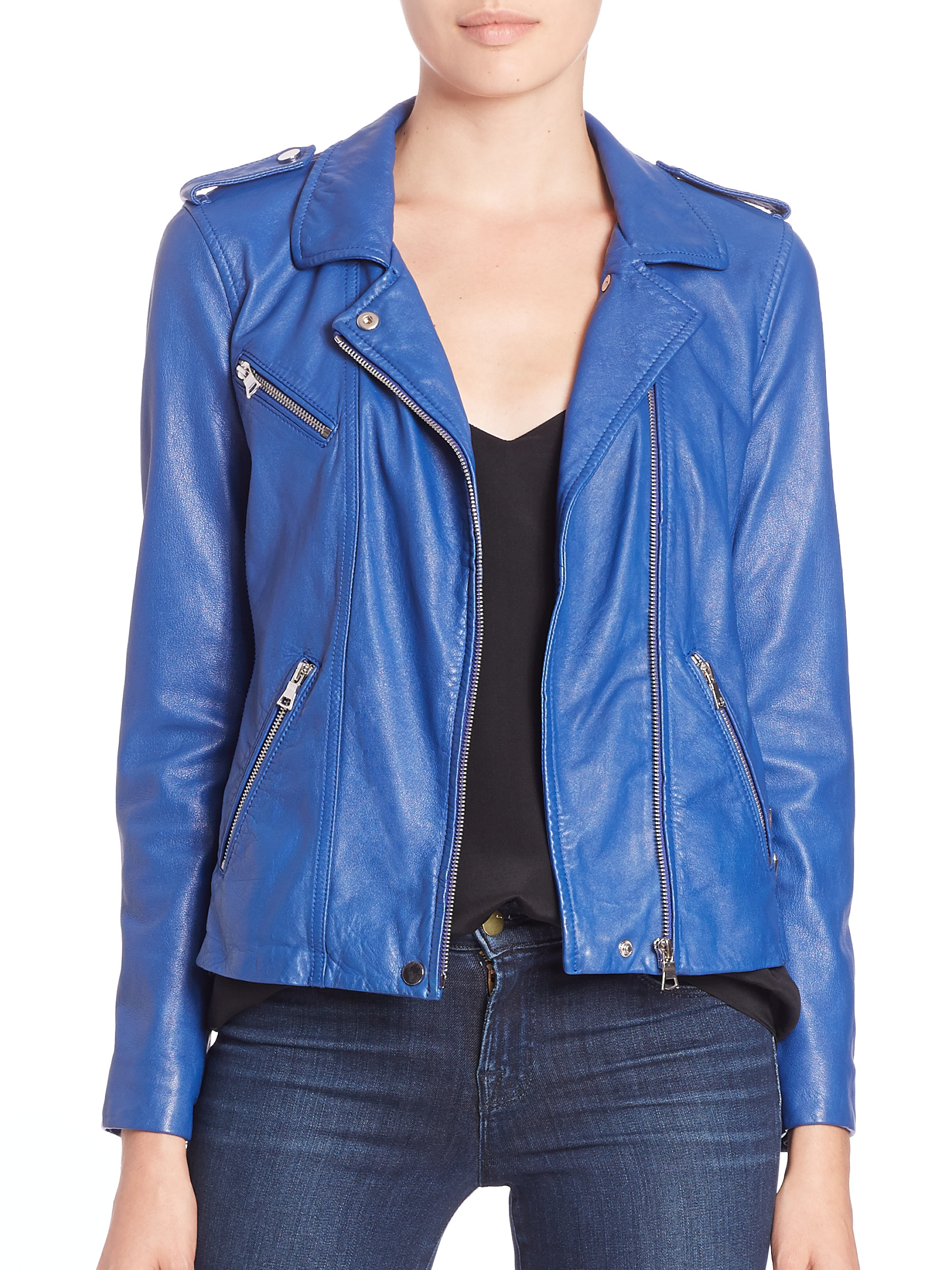 Rebecca Taylor Blue Washed Leather Moto Jacket
