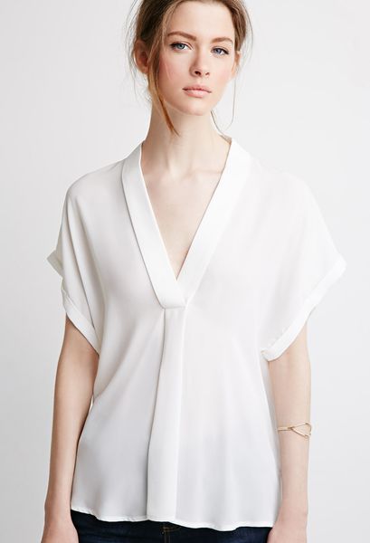 Love 21 V-Neck Shawl Collar Blouse in White (Ivory) | Lyst
