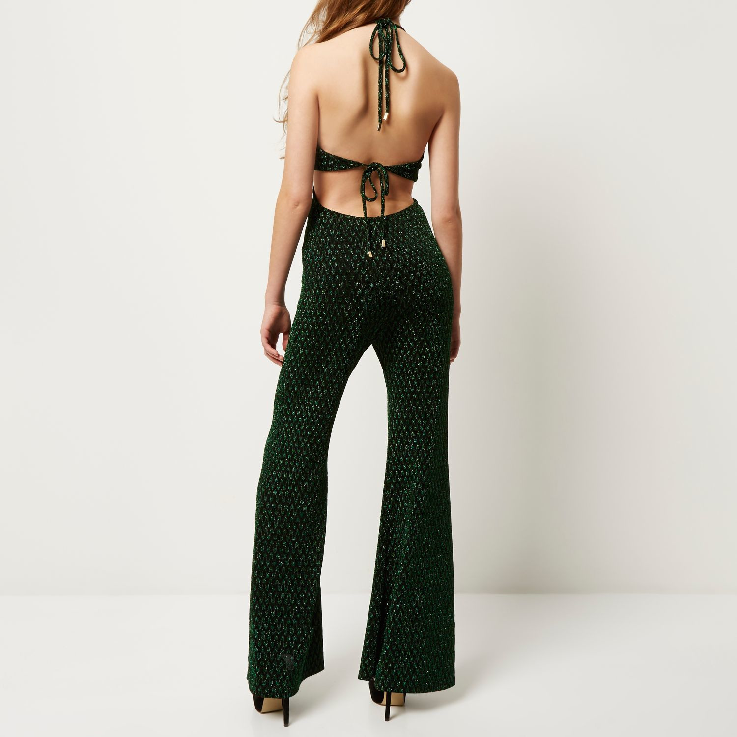 River Island Synthetic Metallic Green Halter Neck Jumpsuit Lyst