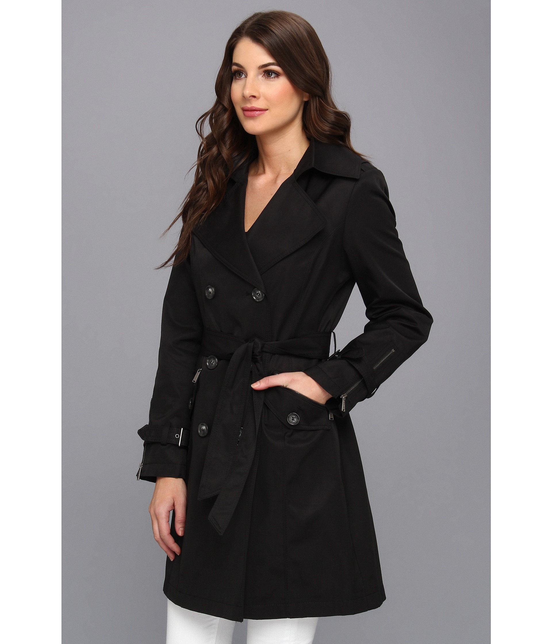 Dkny Double Breasted Long Wool Blend Military Coat (petite) in Black Lyst