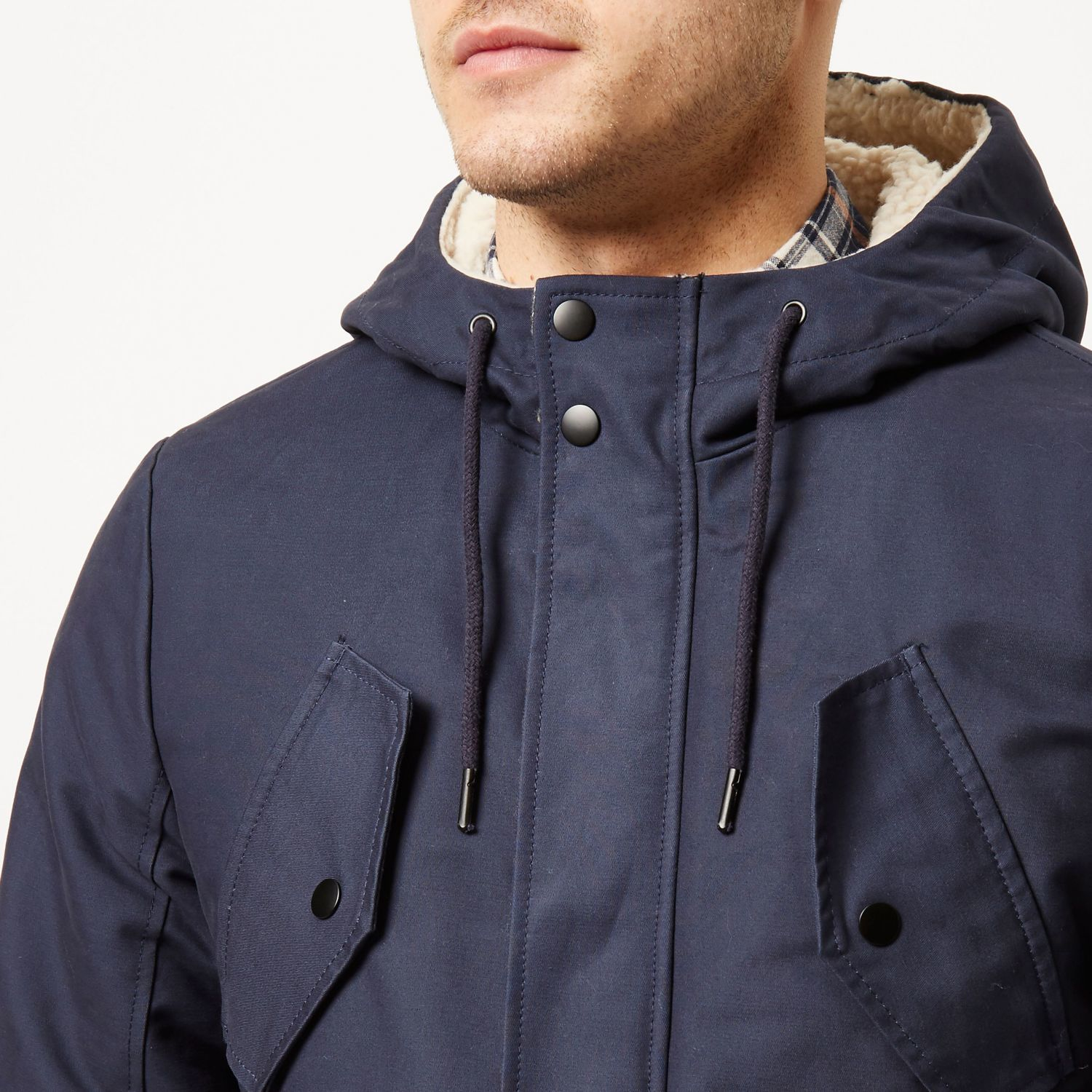 River Island Cotton Navy Lined Winter Coat in Blue for Men Lyst