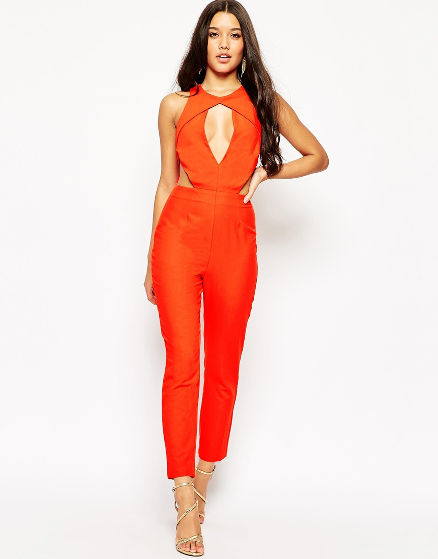 Lyst - Asos Angular Cut Out Jumpsuit With Peg Leg in Red
