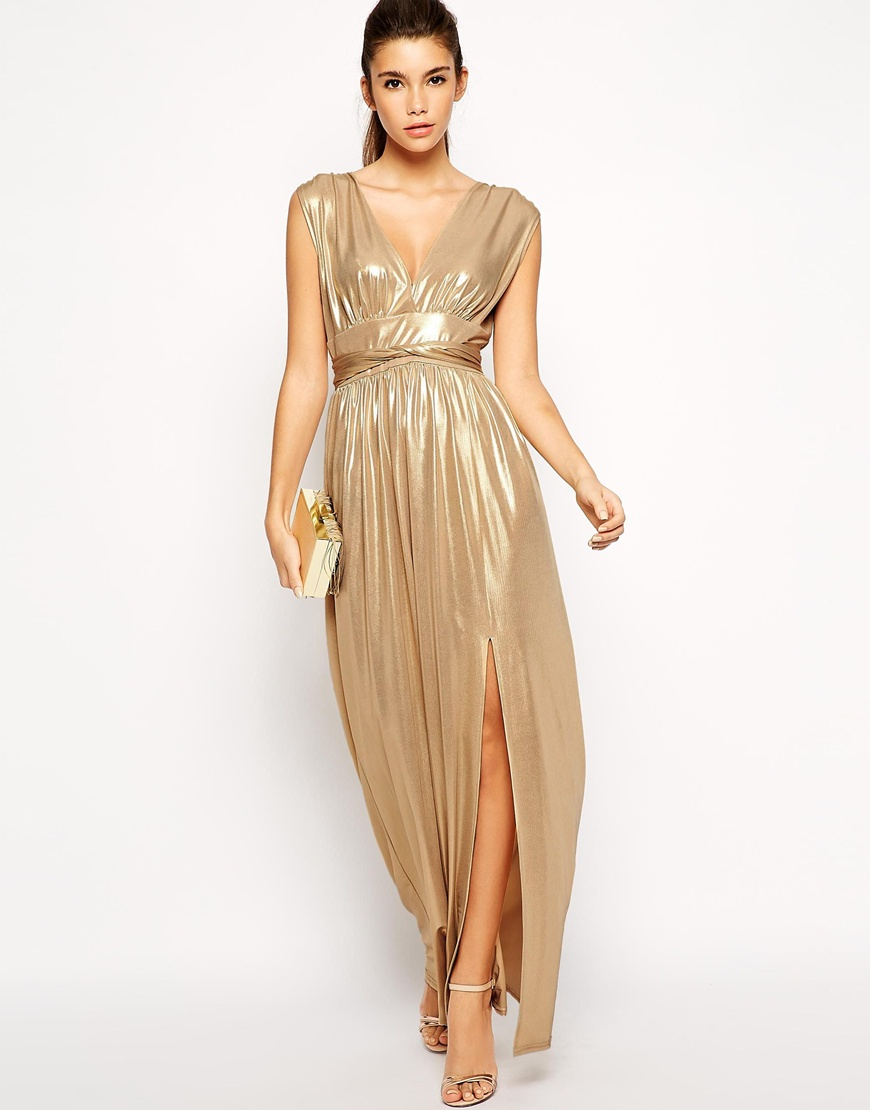 verity gold wrap maxi dress with fluted sleeves
