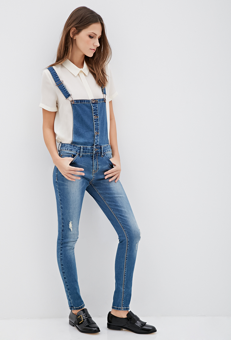 Lyst - Forever 21 Distressed Denim Overalls in Blue