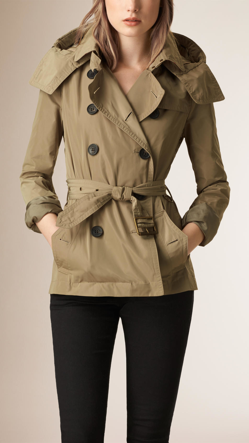 Burberry Synthetic Hooded Short Showerproof Crepe Trench Coat in Natural -  Lyst