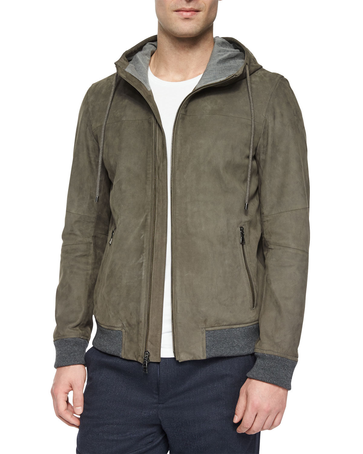 Vince Nubuck Leather Hooded Jacket in Brown for Men - Lyst