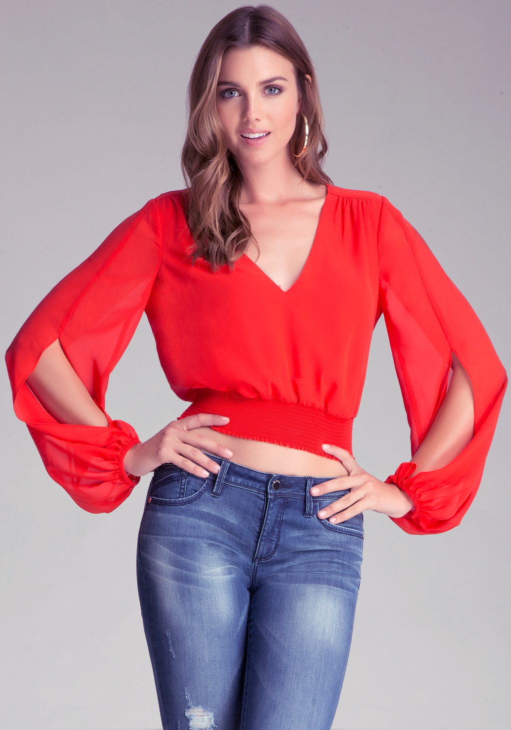 Bebe Smock Waist Blouse In Red Lyst