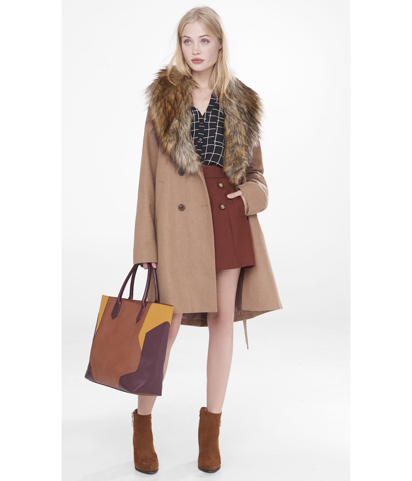 camel faux fur trim coat