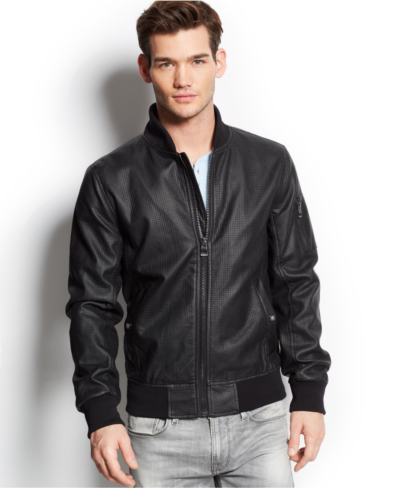 Lyst - Guess Perforated Faux-Leather Jacket in Black for Men