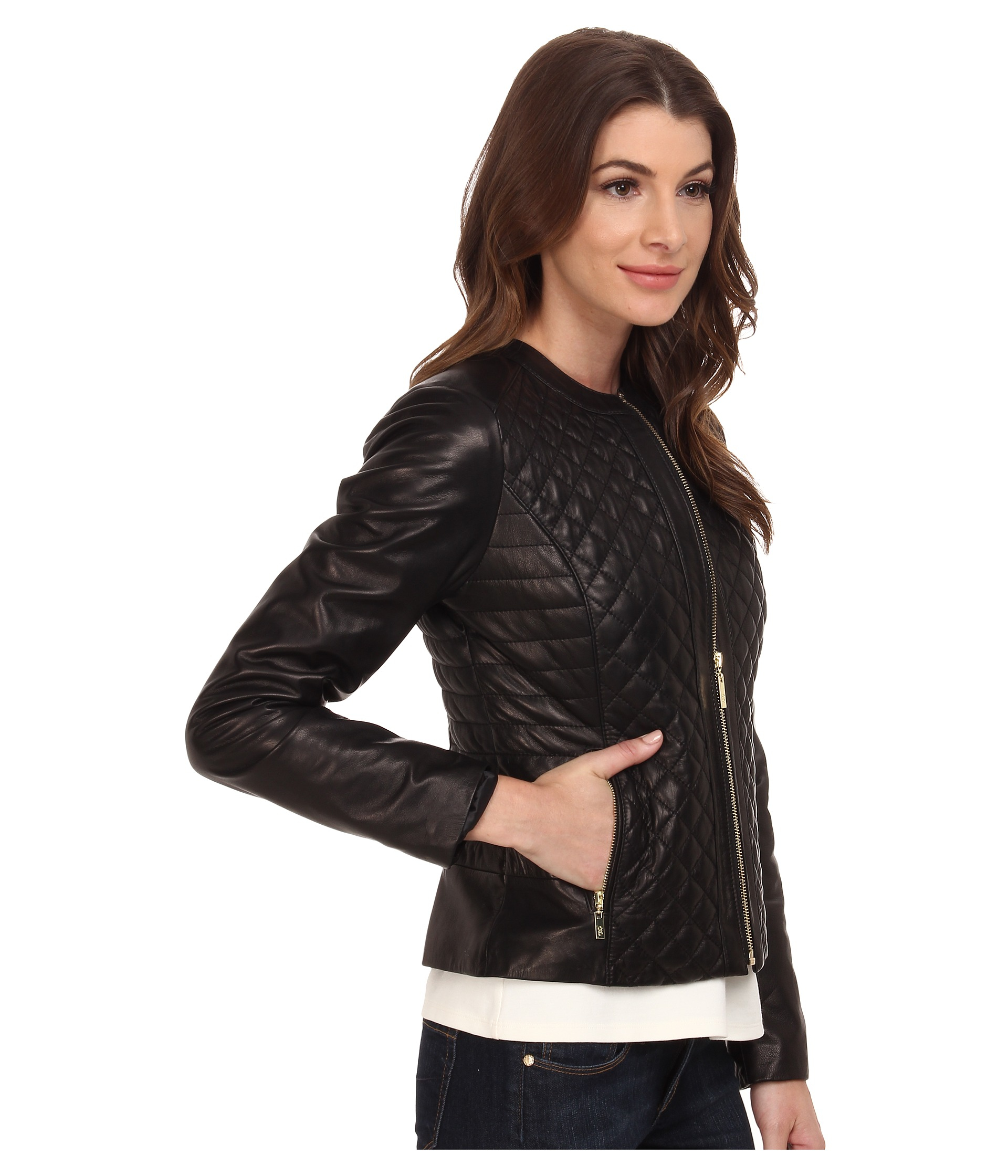 Cole Haan Collarless Moto Diamond Quilted Leather Jacket in Black 