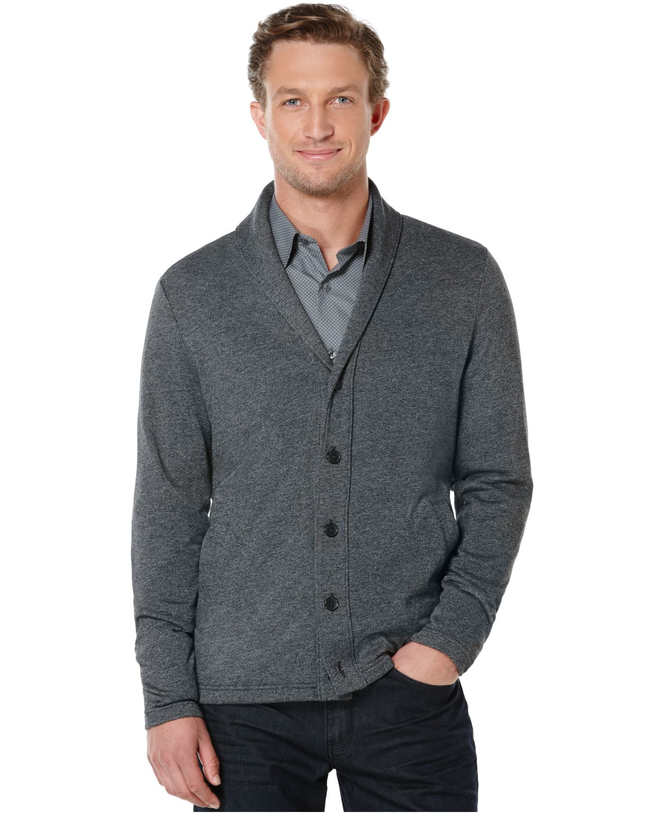 Lyst - Perry Ellis Shawl Collar Button-front Cardigan Sweater in Black ...