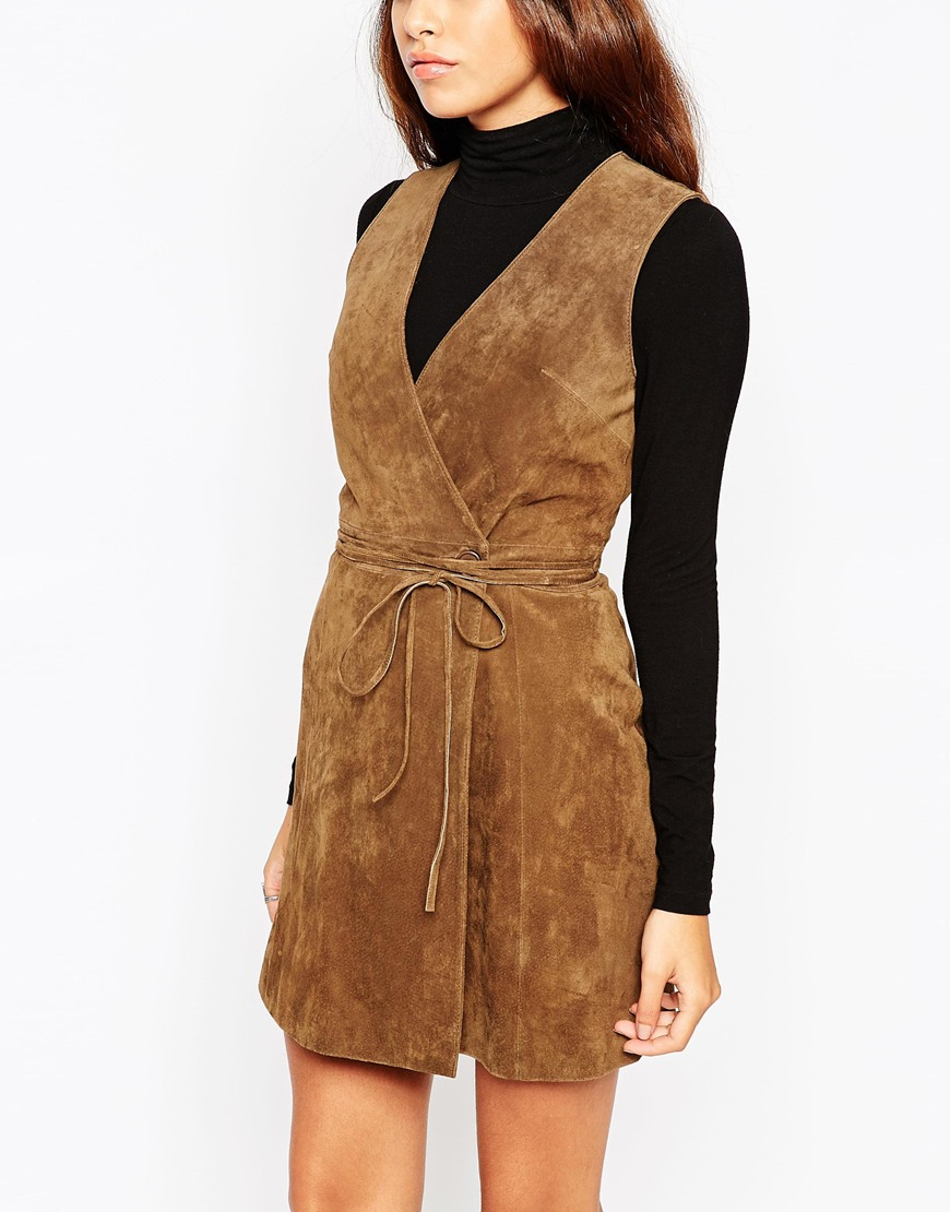 Lyst - Asos Petite Wrap Front Dress In Suede in Brown