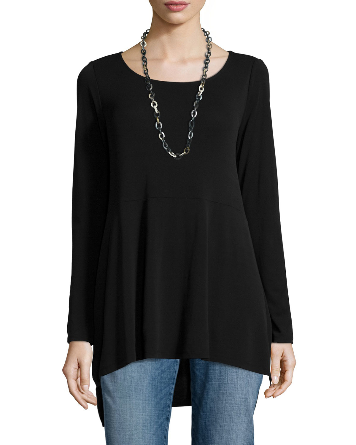 Eileen Fisher Silk Long-sleeve Jersey Swing Top in Black - Lyst