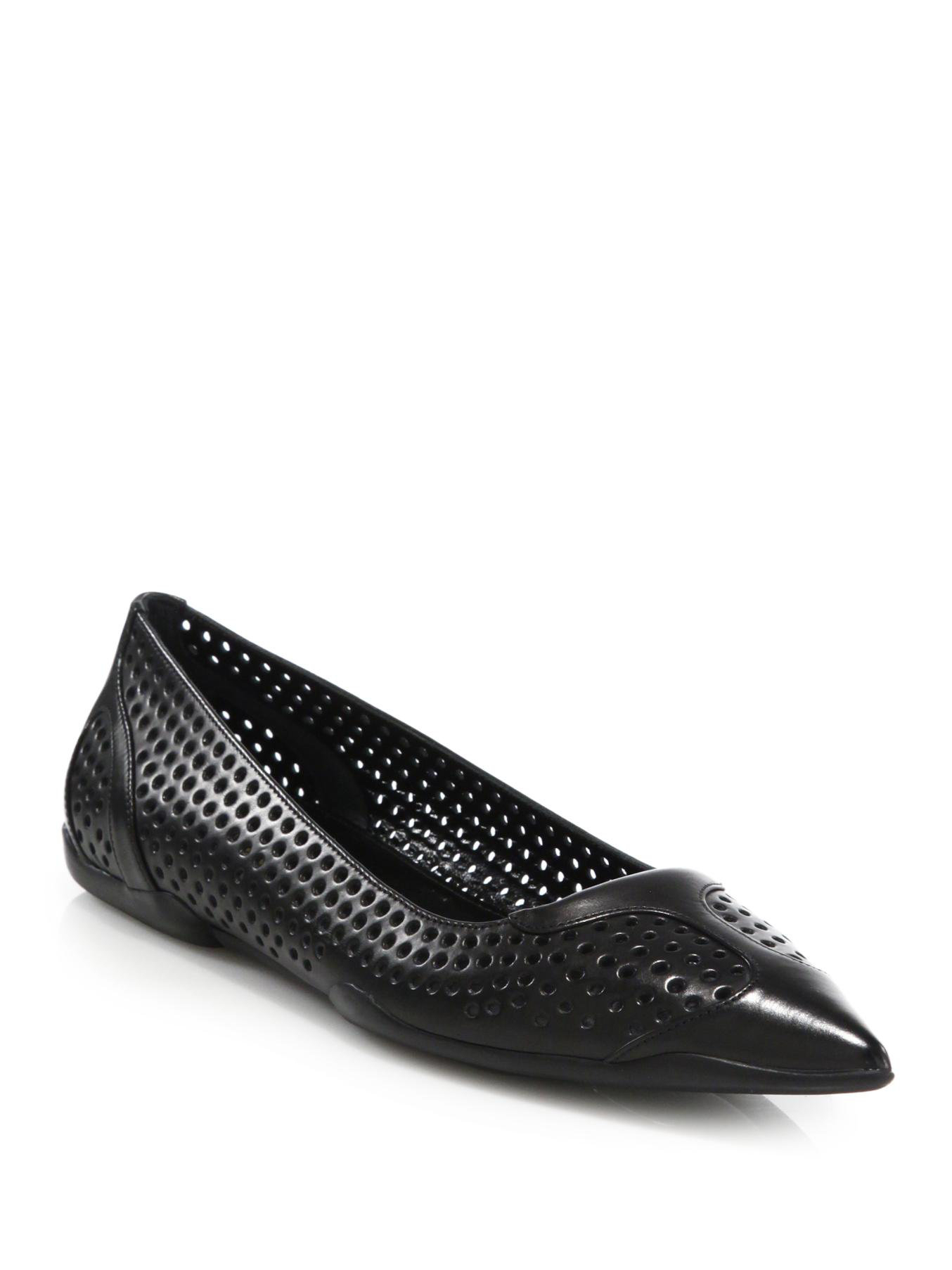 Prada Perforated Leather Point-Toe Flats in Black | Lyst