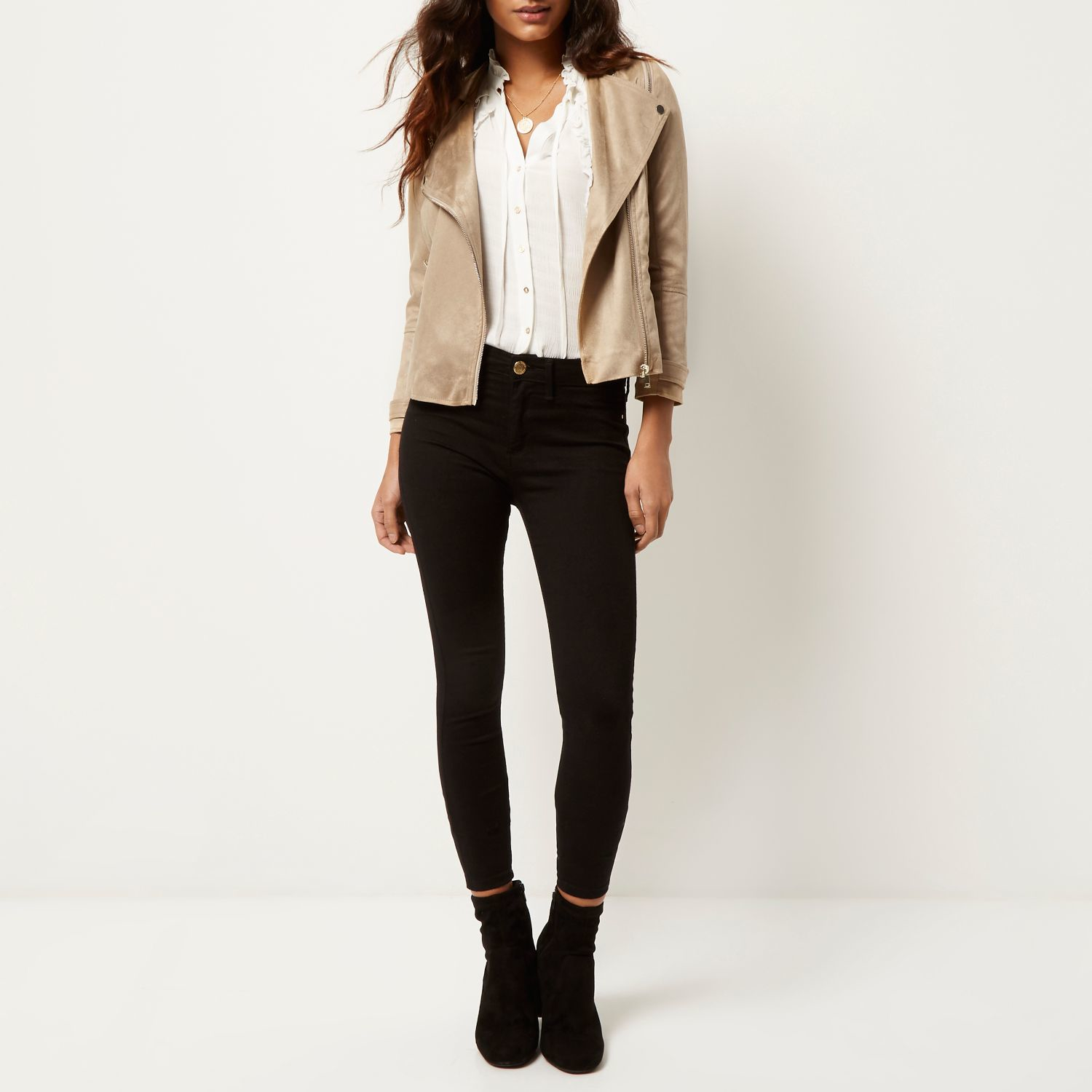 River Island Nude Faux Suede Biker Jacket in Natural Lyst