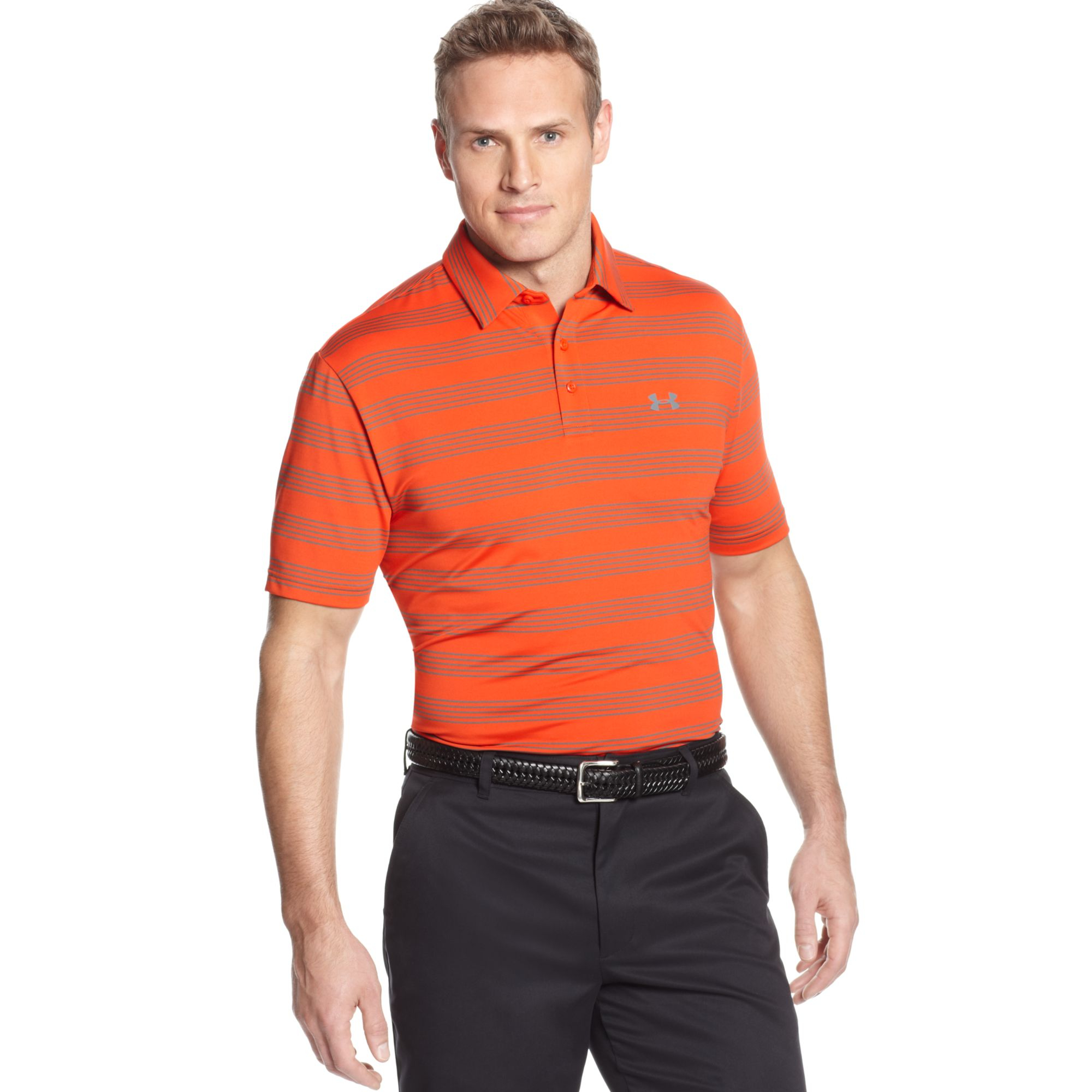 Under Armour Members Bounce Performance Striped Golf Polo in Orange for ...