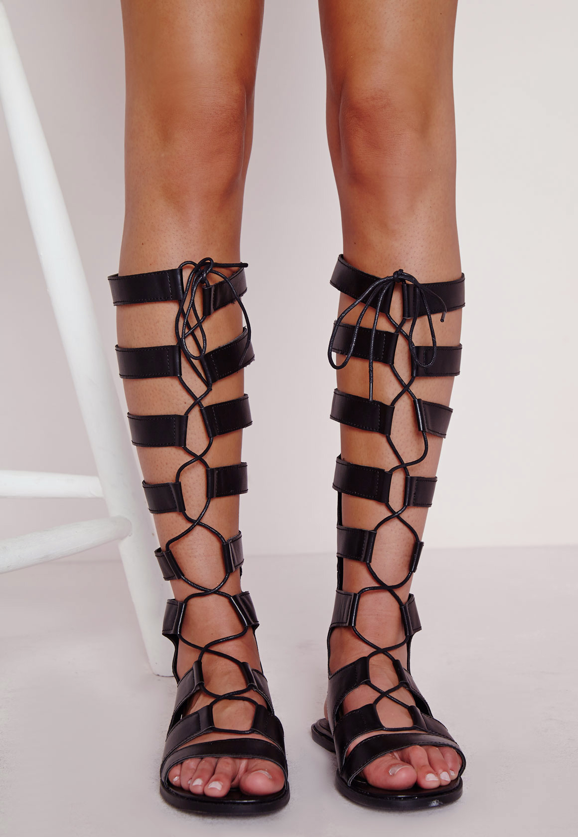 Missguided Lace Up Knee  High  Flat Gladiator  Sandals  Black 