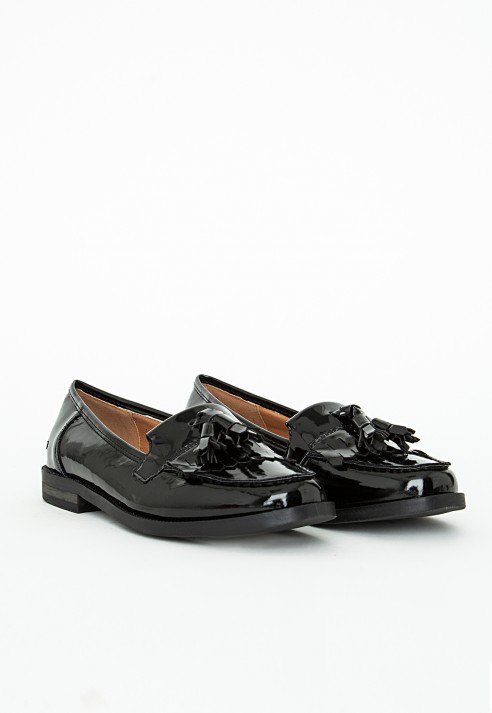 black patent tassel fringe trim loafers