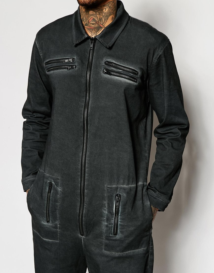 ASOS Cotton Slim Boiler Suit In Oil Wash With Biker Detail in Charcoal