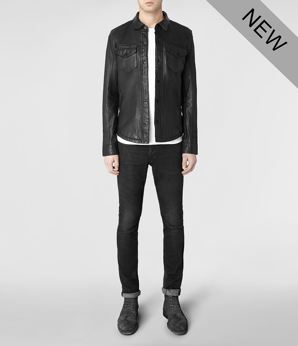 AllSaints Raydon Leather Shirt in Black 