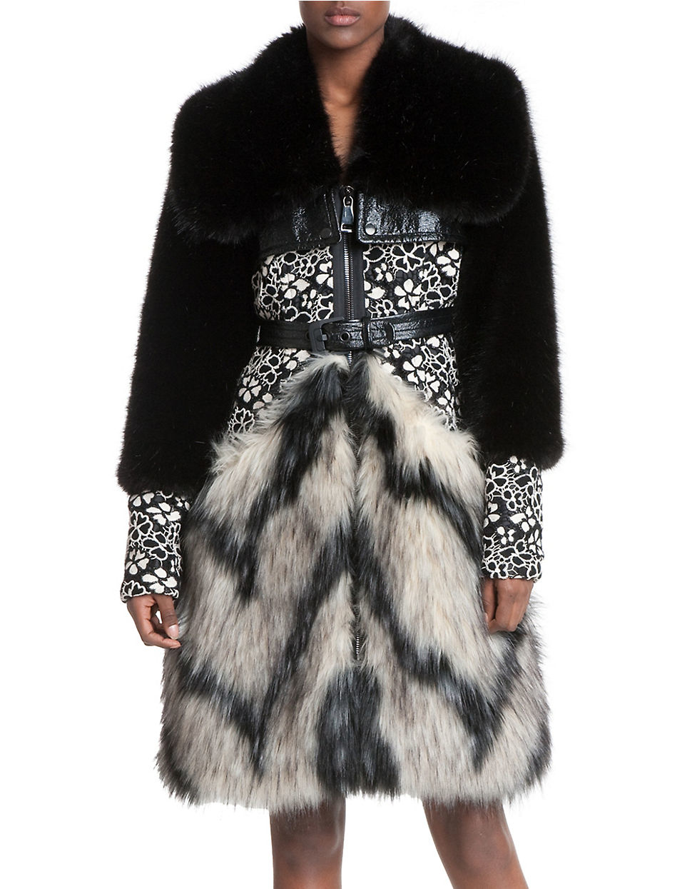Tracy reese Faux Fur And Floral Lace Mixed Media Coat in Black Lyst