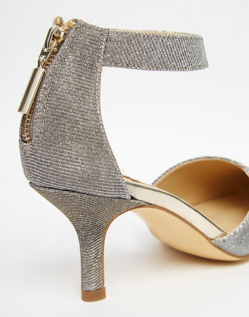 Oasis Glitter Heeled Pumps With Ankle Strap in Silver (Metallic) - Lyst