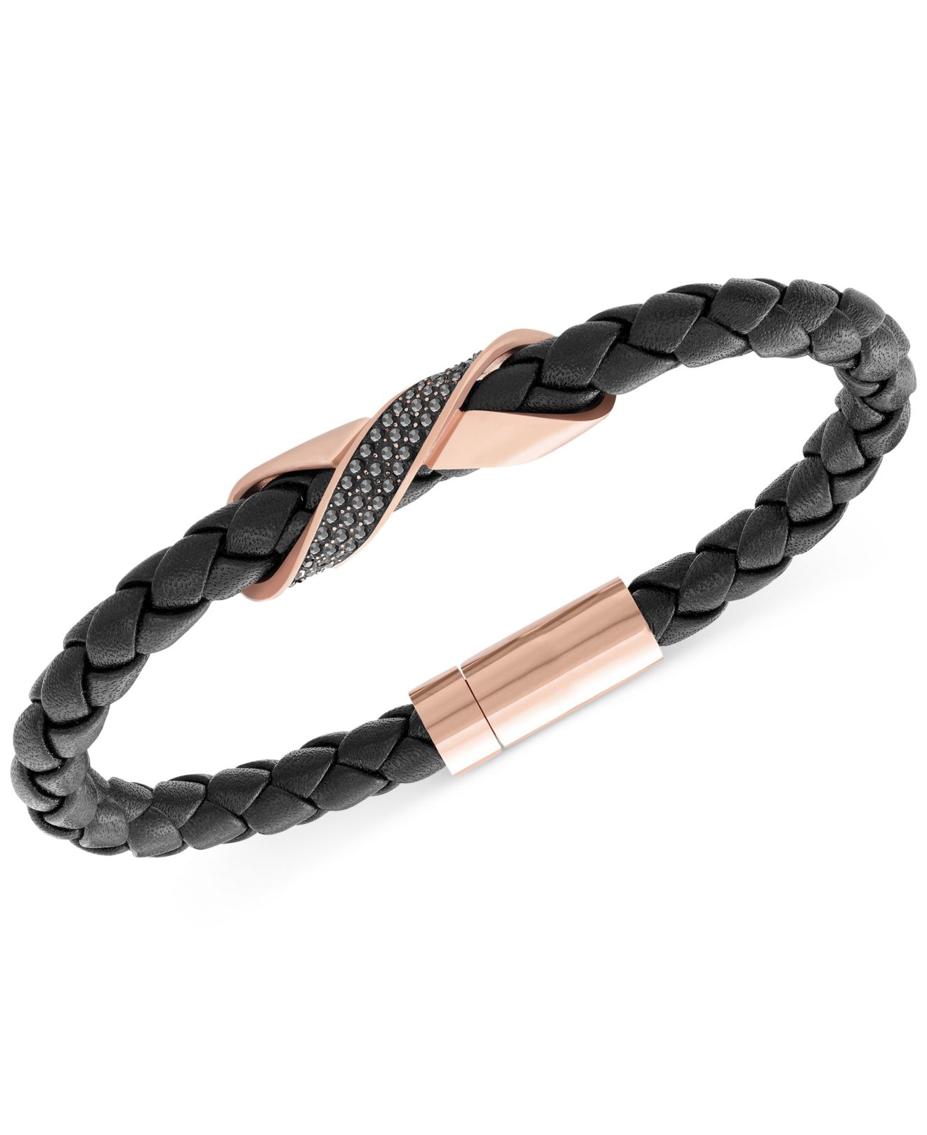 Swarovski Men'S Cross Rose Gold-Tone Black Leather Bracelet for Men | Lyst