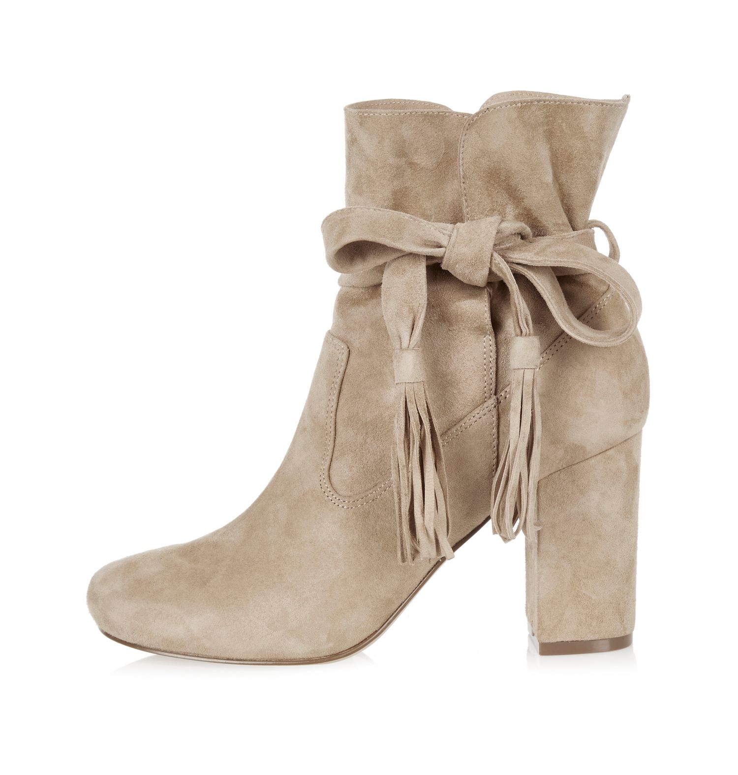 River Island Stone Suede Tassel Heeled Ankle Boots in Grey (Gray) - Lyst