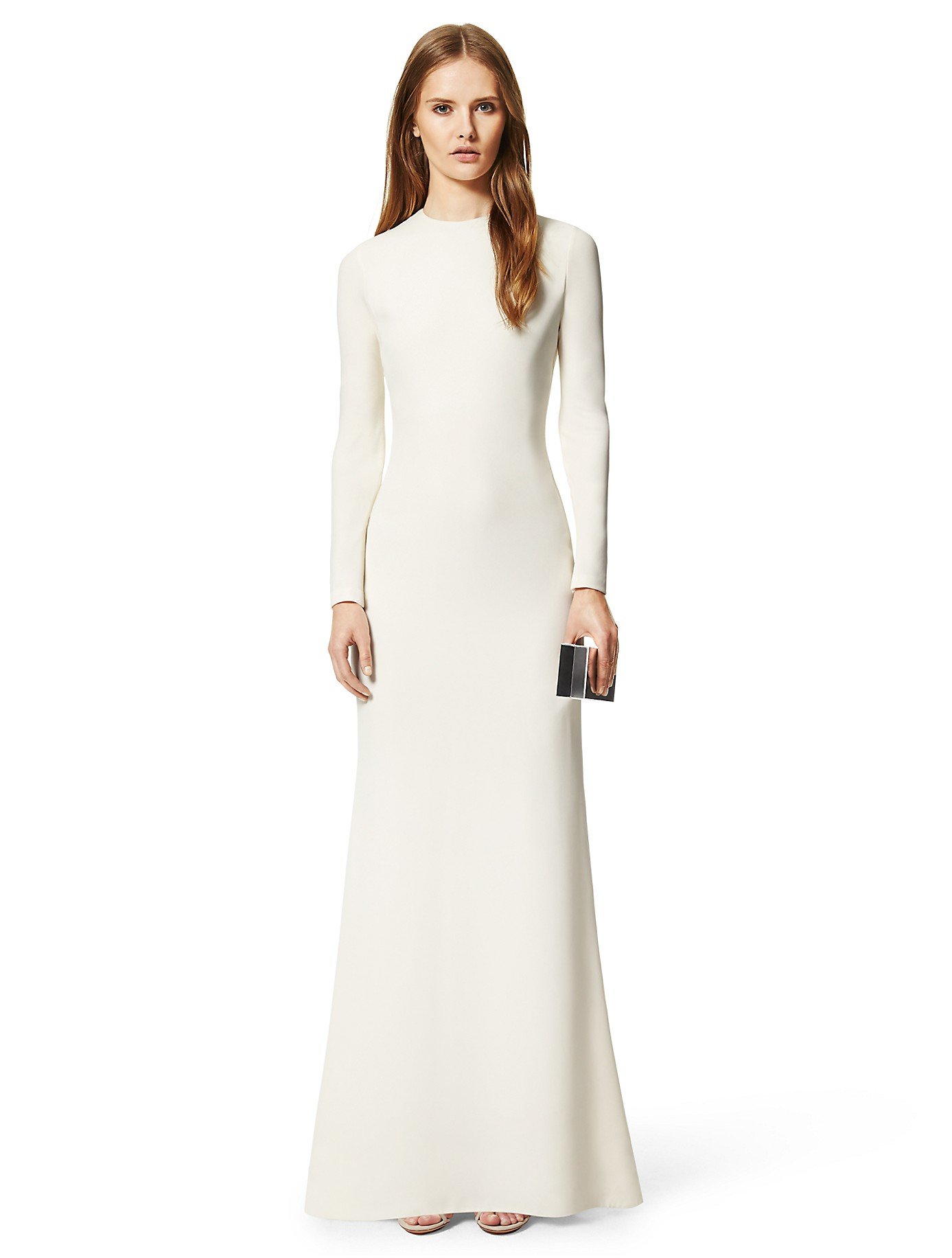 Calvin Klein Collection Crepe Long Sleeve Crew Neck Gown in White - Lyst