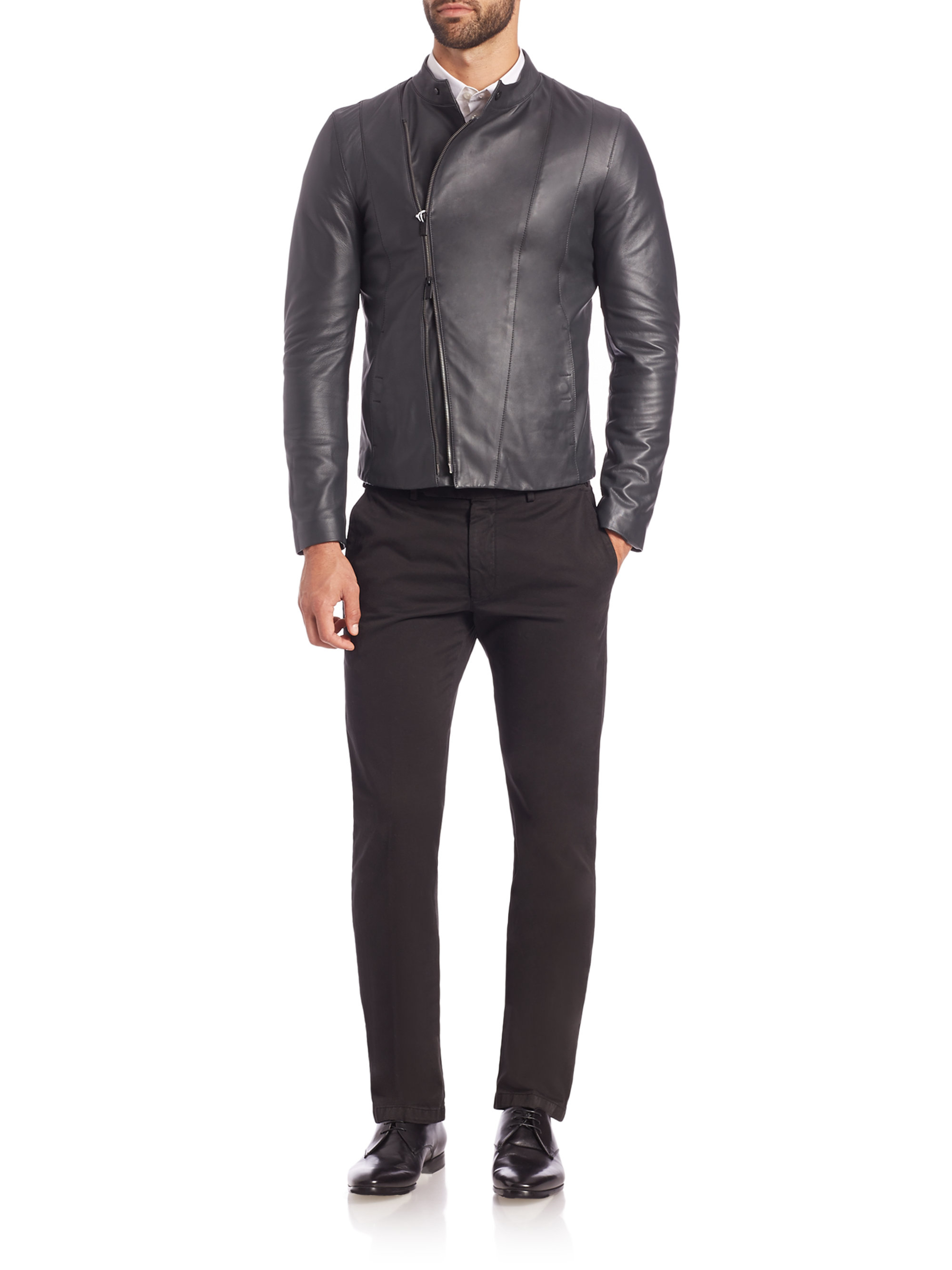 Armani Asymmetrical Zip Leather Moto Jacket in Gray for Men Lyst