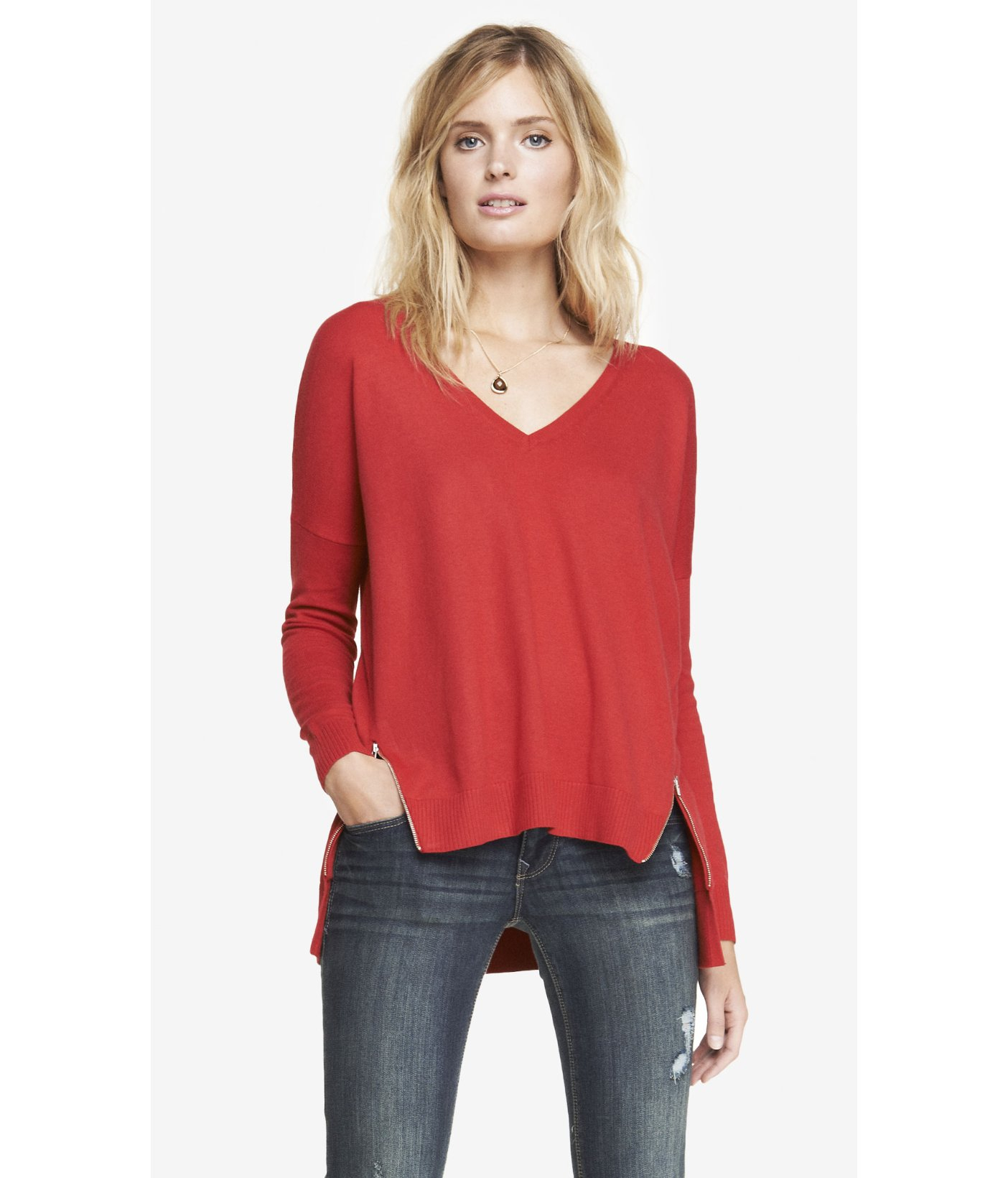 Express V-Neck Double Zip Vent Tunic Sweater in Red (MARS RED) | Lyst