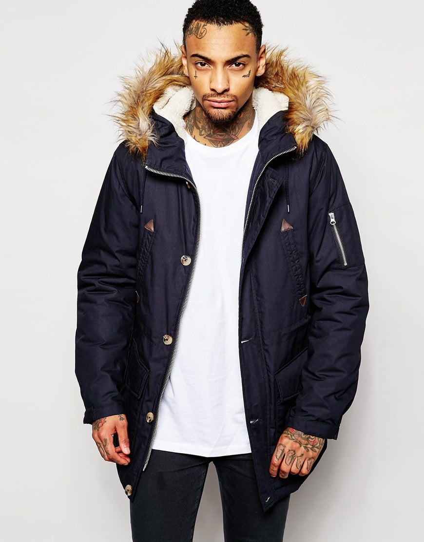 Asos Parka Jacket With Faux Shearling Hood In Navy in Blue for Men ...