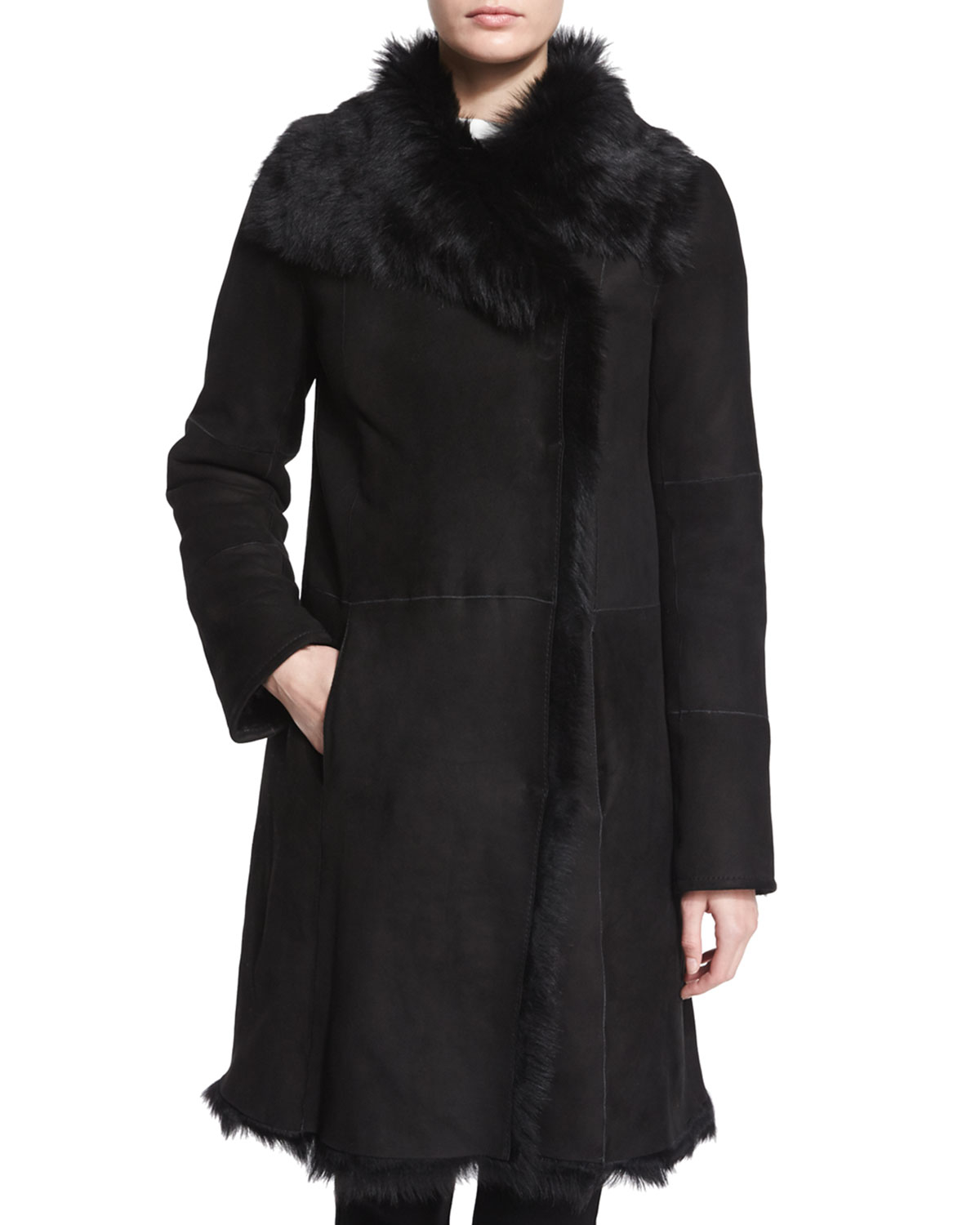 Joseph Anais Suede Coat With Fur Trim in Black | Lyst
