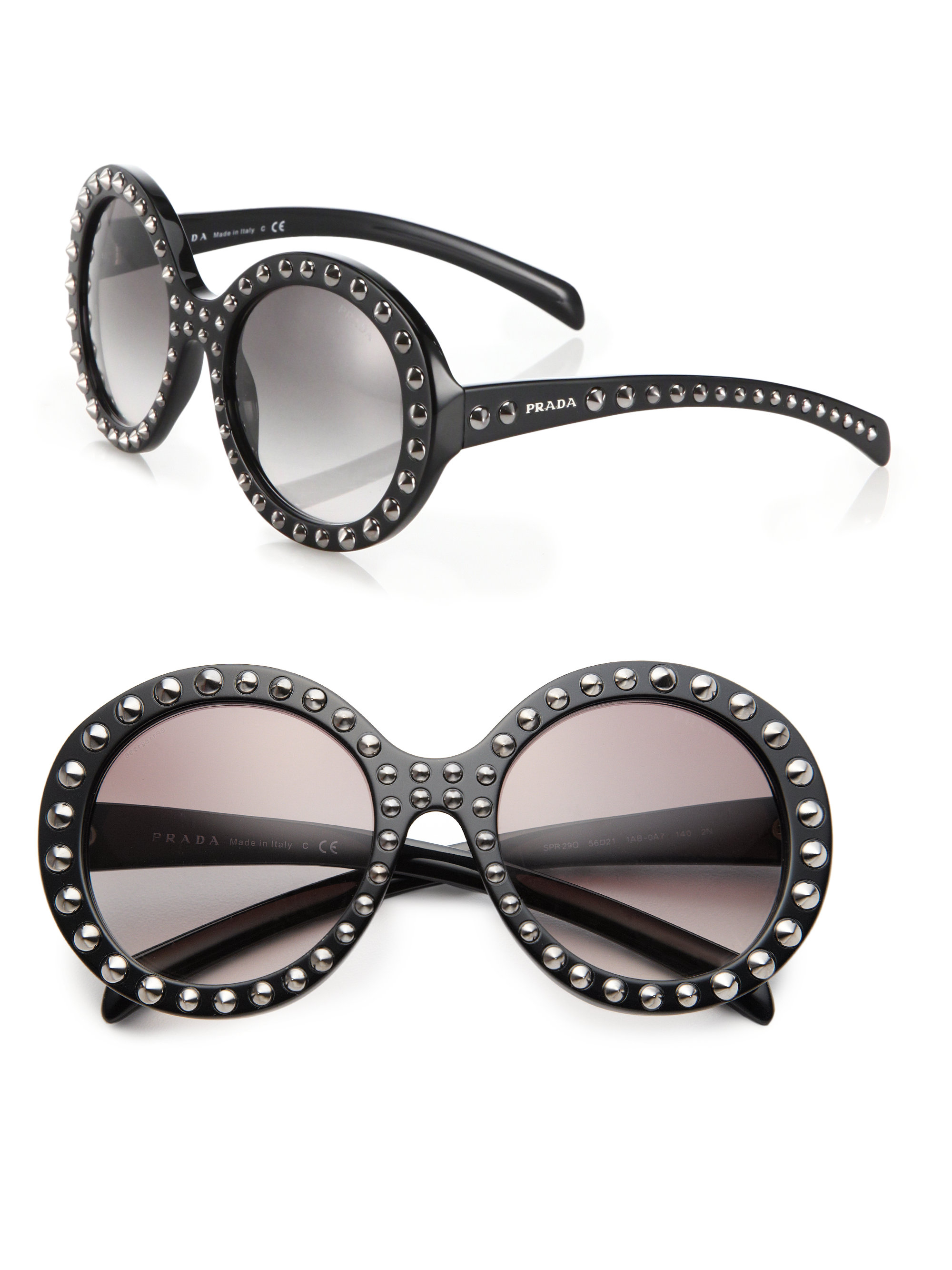 Prada 56mm Studded Round-frame Sunglasses in Black | Lyst