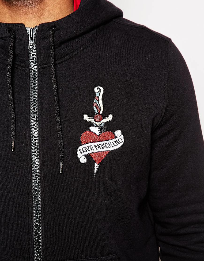 Love moschino Zip Up Hoodie With Tattoo Logo in Black for Men Lyst