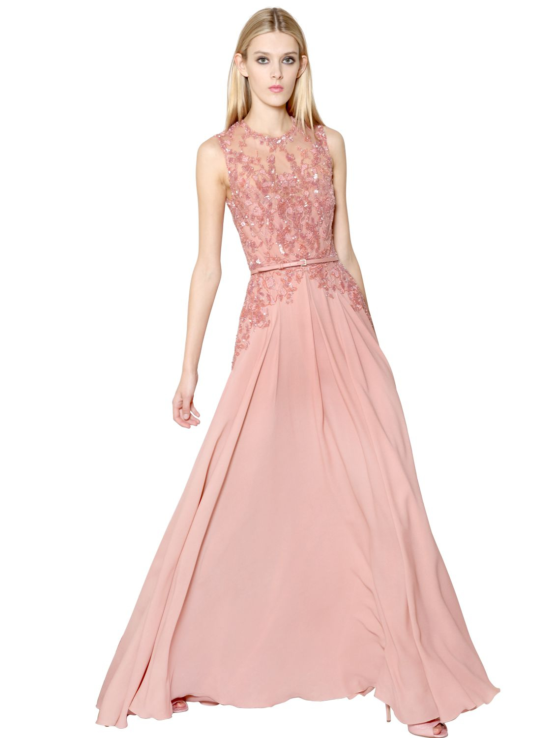 Lyst - Elie Saab Silk Blend Crepe Cady Lace & Tulle Dress in Pink
