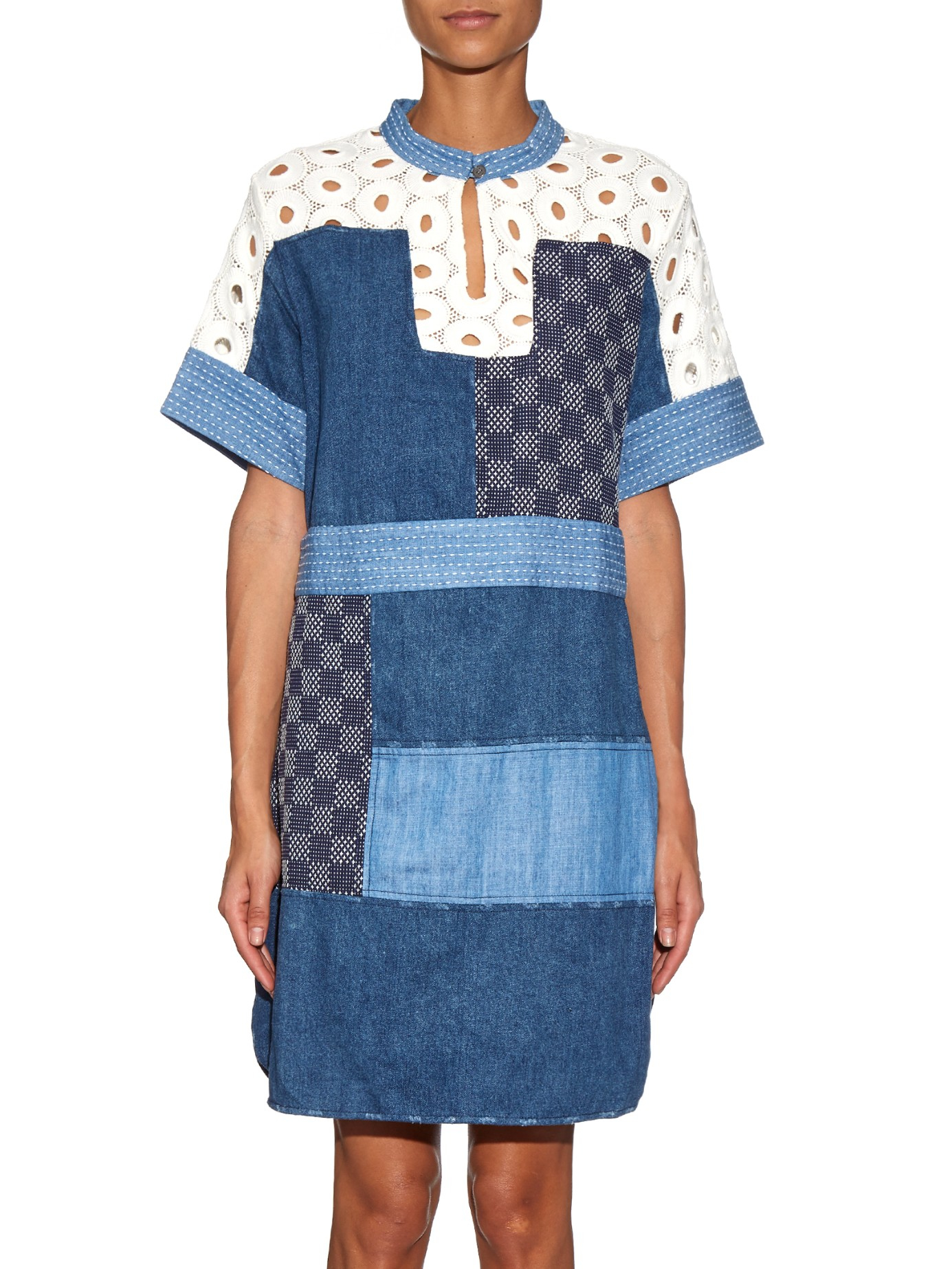Sea Patchwork Denim And Lace Dress in Blue | Lyst