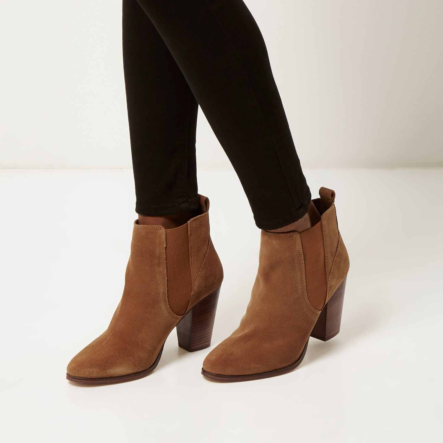 River Island Tan Suede Heeled Ankle Boots in Brown | Lyst