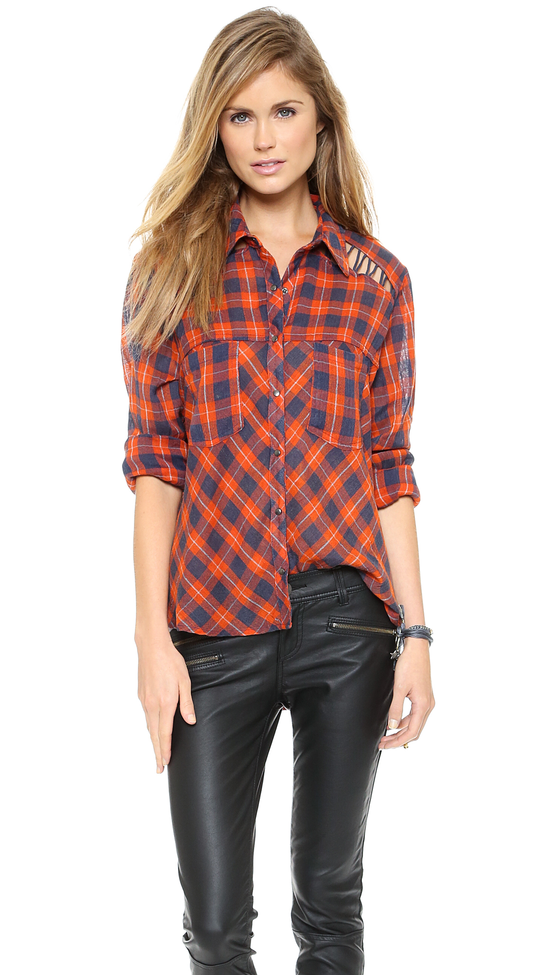 Free People Gauzy Plaid Lace Up Button 