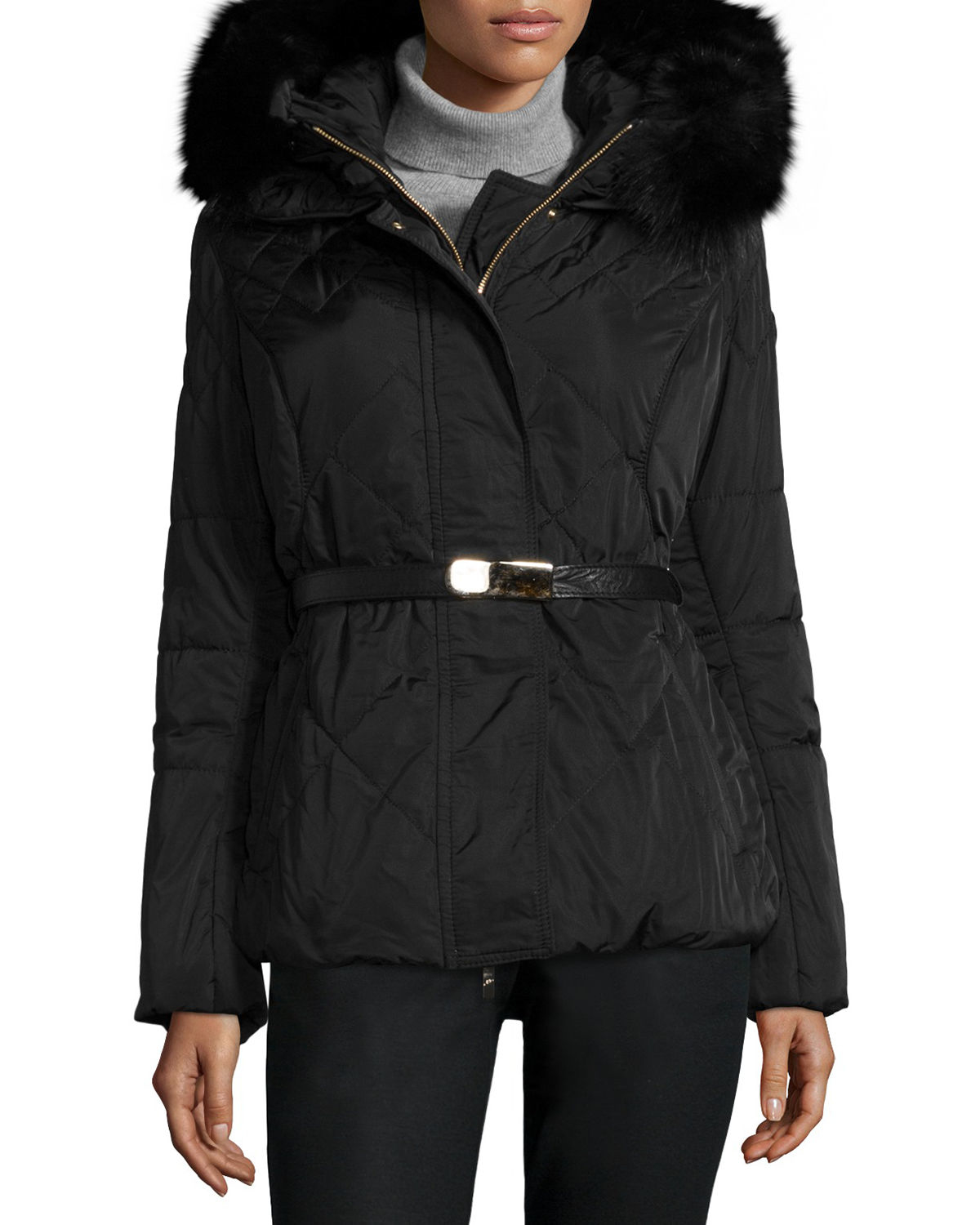black quilted jacket with fur hood